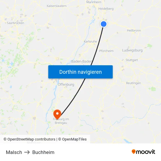 Malsch to Buchheim map