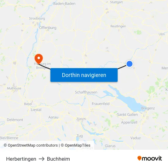 Herbertingen to Buchheim map