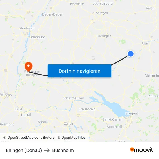 Ehingen (Donau) to Buchheim map
