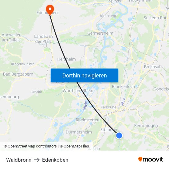 Waldbronn to Edenkoben map