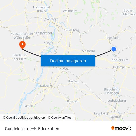 Gundelsheim to Edenkoben map