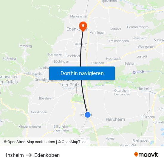 Insheim to Edenkoben map