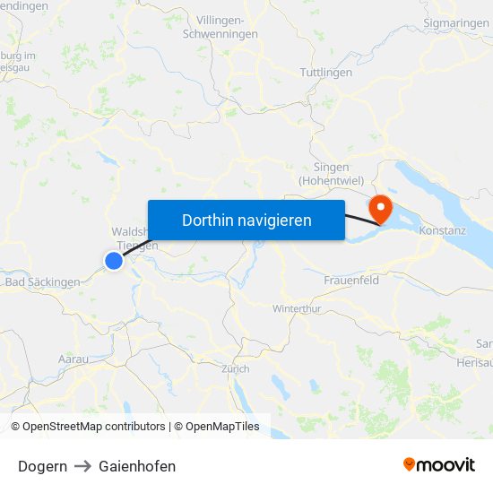 Dogern to Gaienhofen map