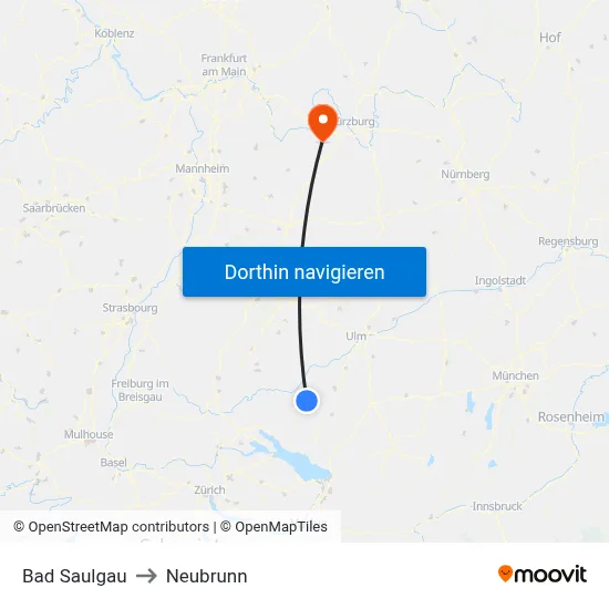 Bad Saulgau to Neubrunn map