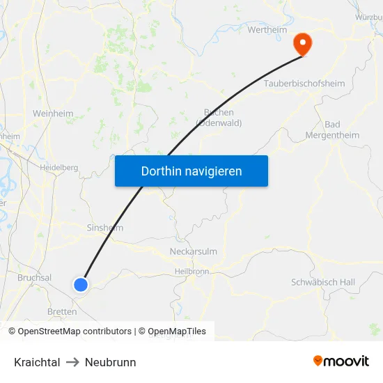 Kraichtal to Neubrunn map