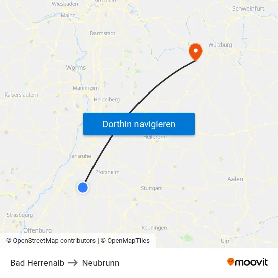 Bad Herrenalb to Neubrunn map