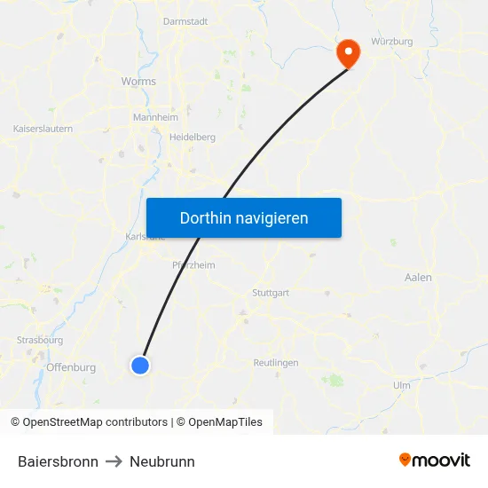 Baiersbronn to Neubrunn map