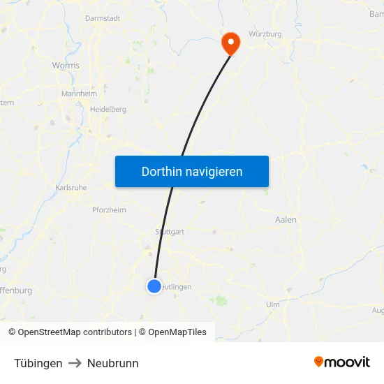 Tübingen to Neubrunn map