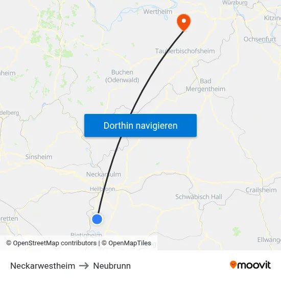 Neckarwestheim to Neubrunn map