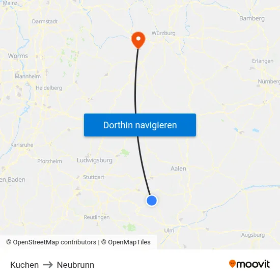 Kuchen to Neubrunn map