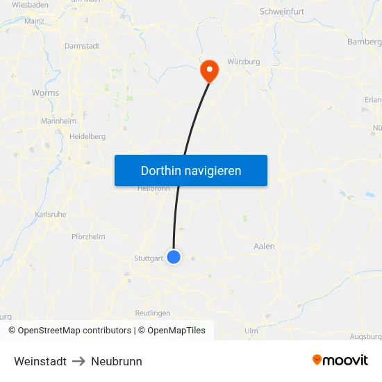 Weinstadt to Neubrunn map