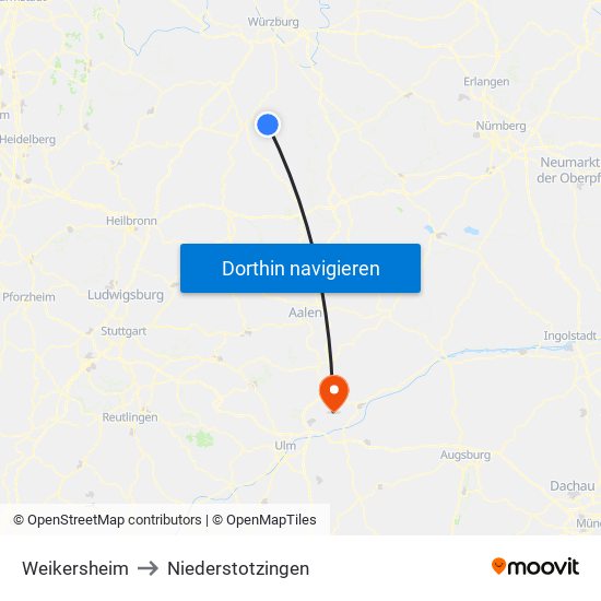 Weikersheim to Niederstotzingen map