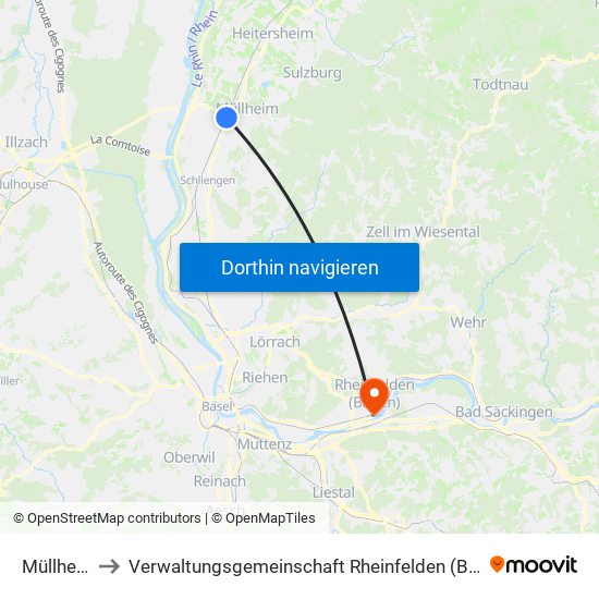 Müllheim to Verwaltungsgemeinschaft Rheinfelden (Baden) map