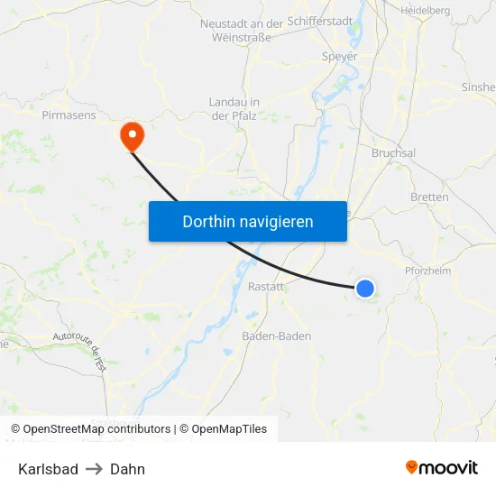 Karlsbad to Dahn map