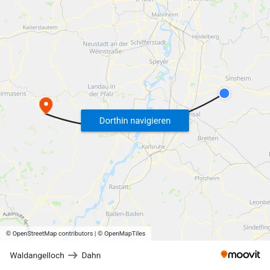 Waldangelloch to Dahn map