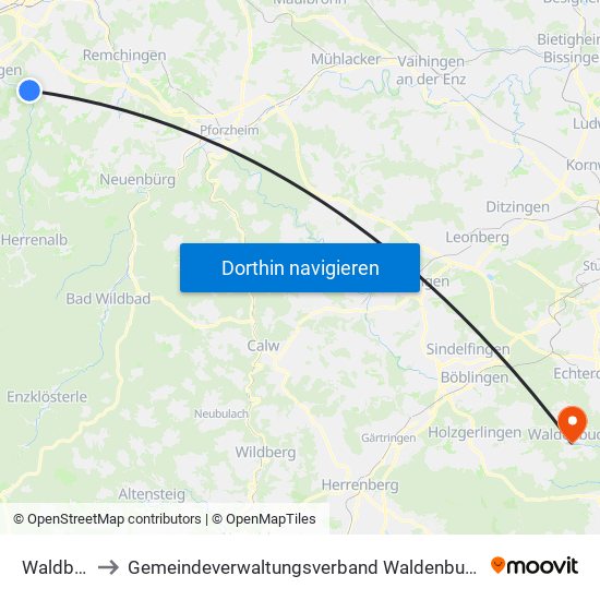 Waldbronn to Gemeindeverwaltungsverband Waldenbuch / Steinenbronn map