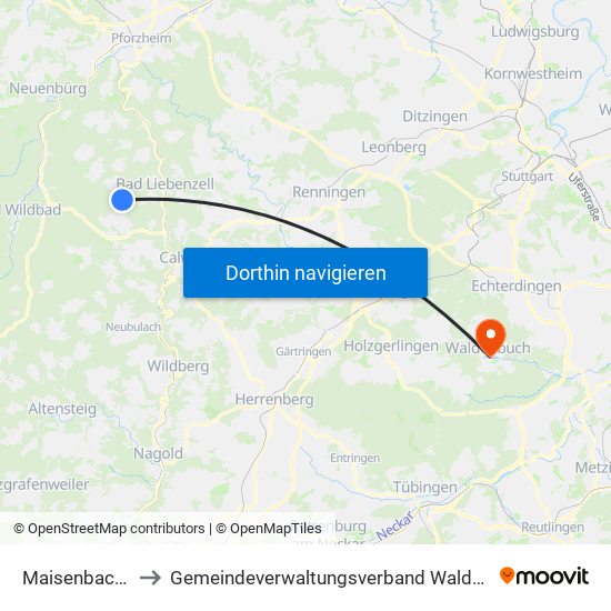 Maisenbach-Zainen to Gemeindeverwaltungsverband Waldenbuch / Steinenbronn map