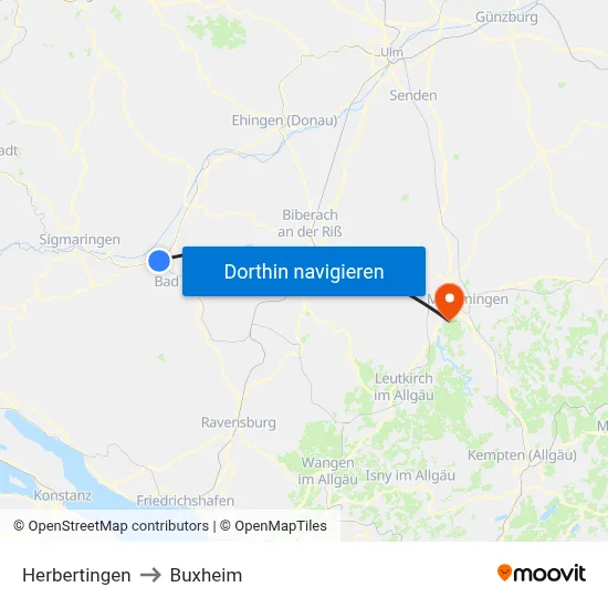 Herbertingen to Buxheim map