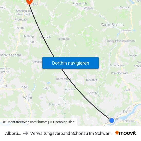 Albbruck to Verwaltungsverband Schönau Im Schwarzwald map