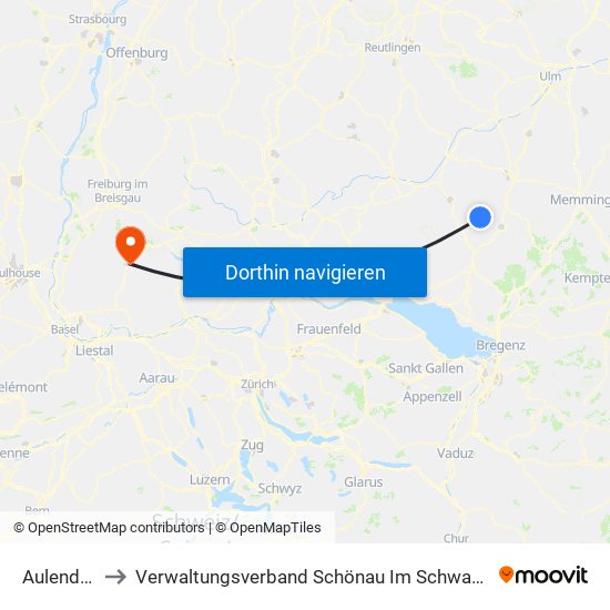 Aulendorf to Verwaltungsverband Schönau Im Schwarzwald map