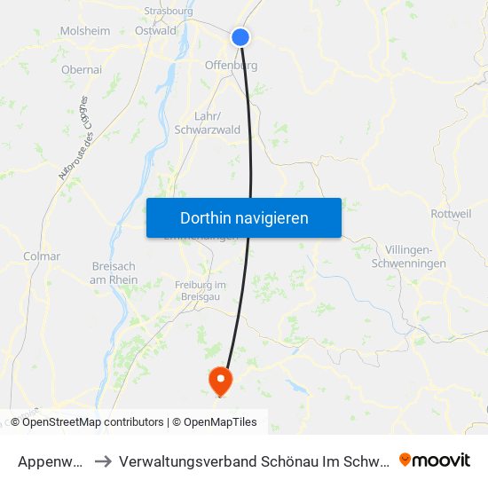 Appenweier to Verwaltungsverband Schönau Im Schwarzwald map