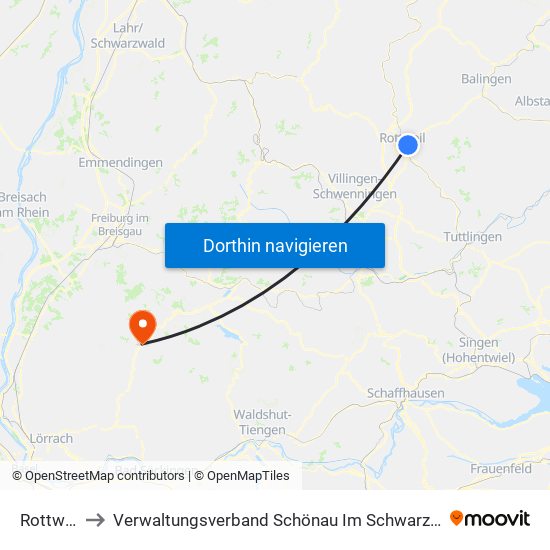 Rottweil to Verwaltungsverband Schönau Im Schwarzwald map