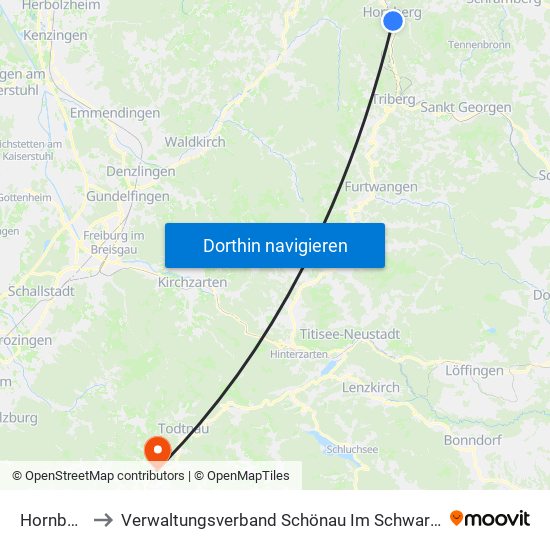 Hornberg to Verwaltungsverband Schönau Im Schwarzwald map