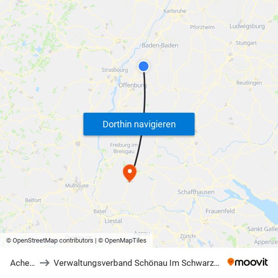 Achern to Verwaltungsverband Schönau Im Schwarzwald map