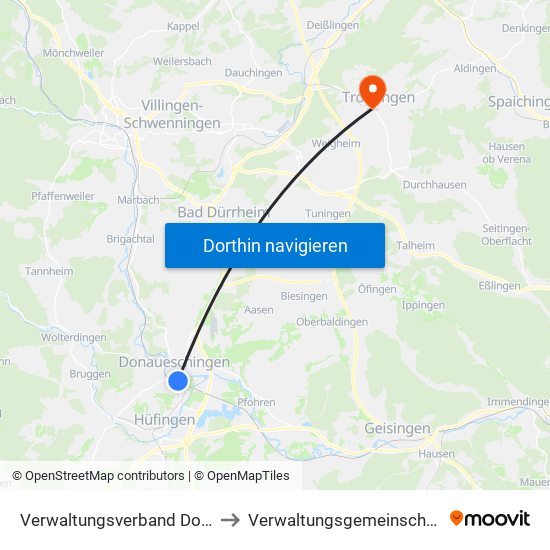 Verwaltungsverband Donaueschingen to Verwaltungsgemeinschaft Trossingen map