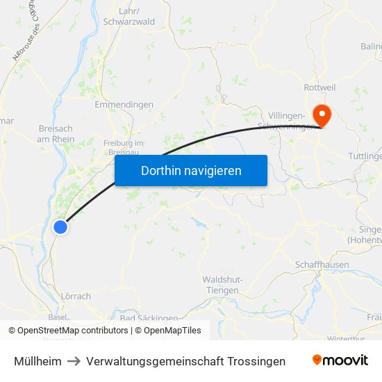 Müllheim to Verwaltungsgemeinschaft Trossingen map