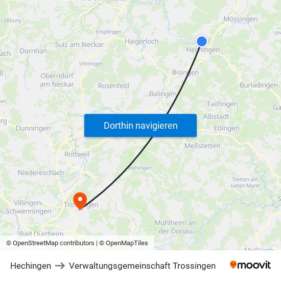Hechingen to Verwaltungsgemeinschaft Trossingen map