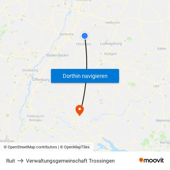 Ruit to Verwaltungsgemeinschaft Trossingen map