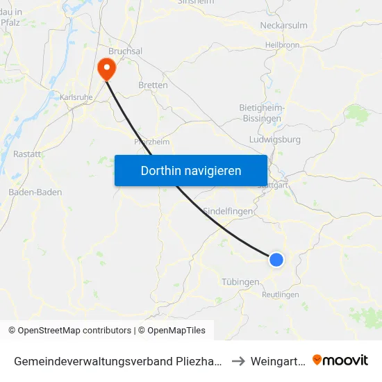 Gemeindeverwaltungsverband Pliezhausen to Weingarten map