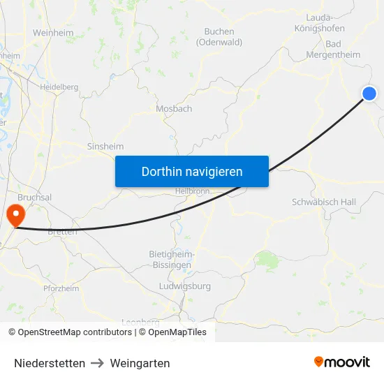 Niederstetten to Weingarten map