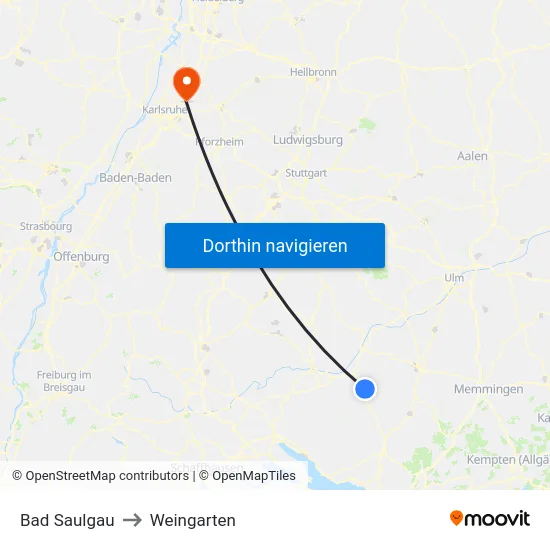 Bad Saulgau to Weingarten map