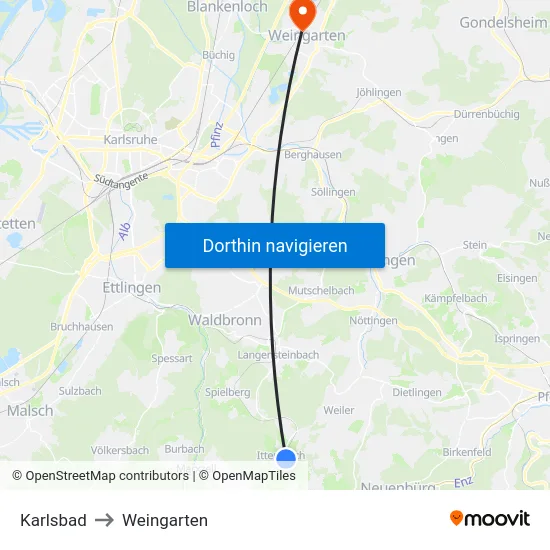 Karlsbad to Weingarten map