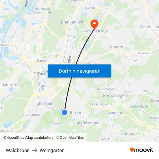 Waldbronn to Weingarten map