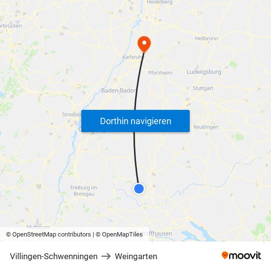 Villingen-Schwenningen to Weingarten map