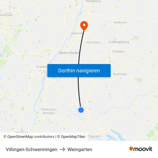 Villingen-Schwenningen to Weingarten map