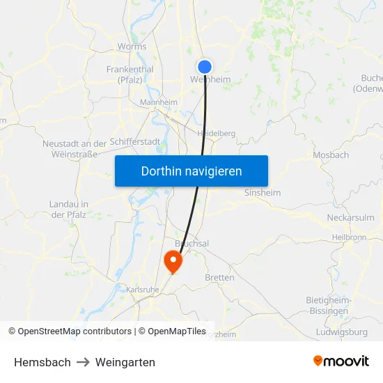 Hemsbach to Weingarten map