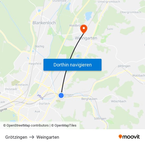 Grötzingen to Weingarten map
