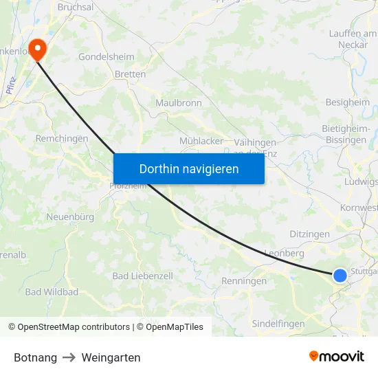 Botnang to Weingarten map