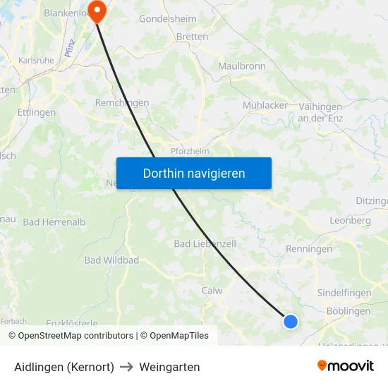 Aidlingen (Kernort) to Weingarten map