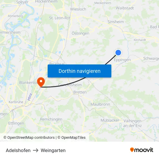 Adelshofen to Weingarten map