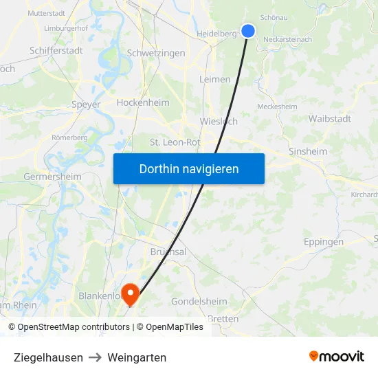 Ziegelhausen to Weingarten map