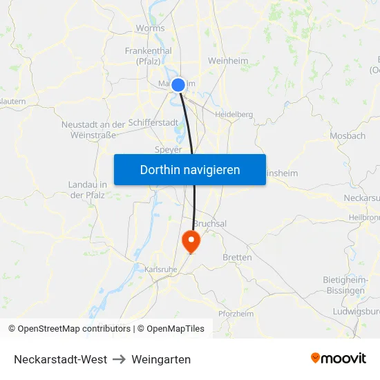 Neckarstadt-West to Weingarten map