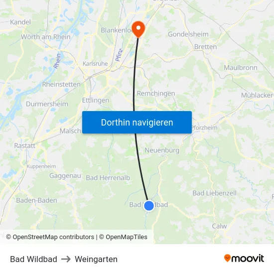 Bad Wildbad to Weingarten map