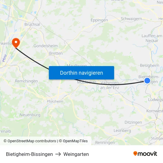 Bietigheim-Bissingen to Weingarten map