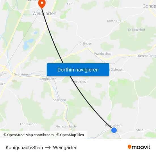 Königsbach-Stein to Weingarten map