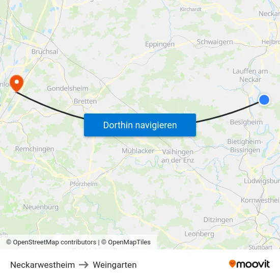 Neckarwestheim to Weingarten map